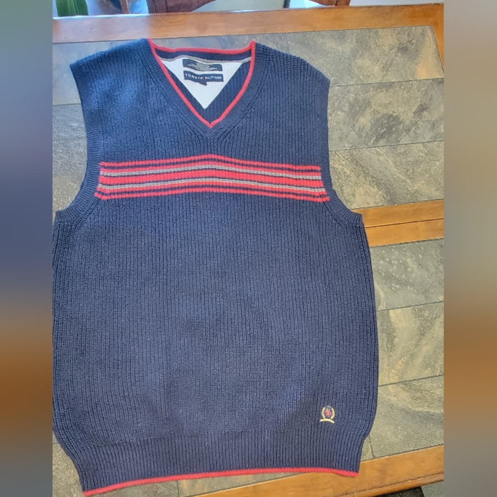 Vtg Tommy Hilfiger Blue Sweater Vest Size XL V Neck Monogram Lion Crown Y2K‎